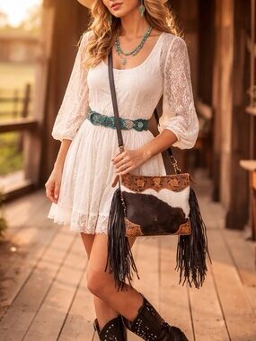 Festival Cowhide Crossbody Bag Leather Fringe Purse Western Tooled Hair-on Hide